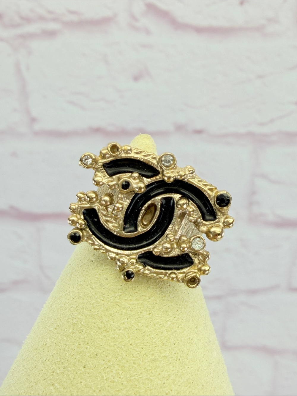 Chanel Black CC Enamel Crystal Ring 6